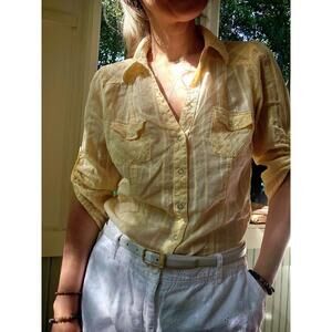 Yellow Cotton Shirt Women's S M 3/4 Sleeve Textured Lightweight Collared Button